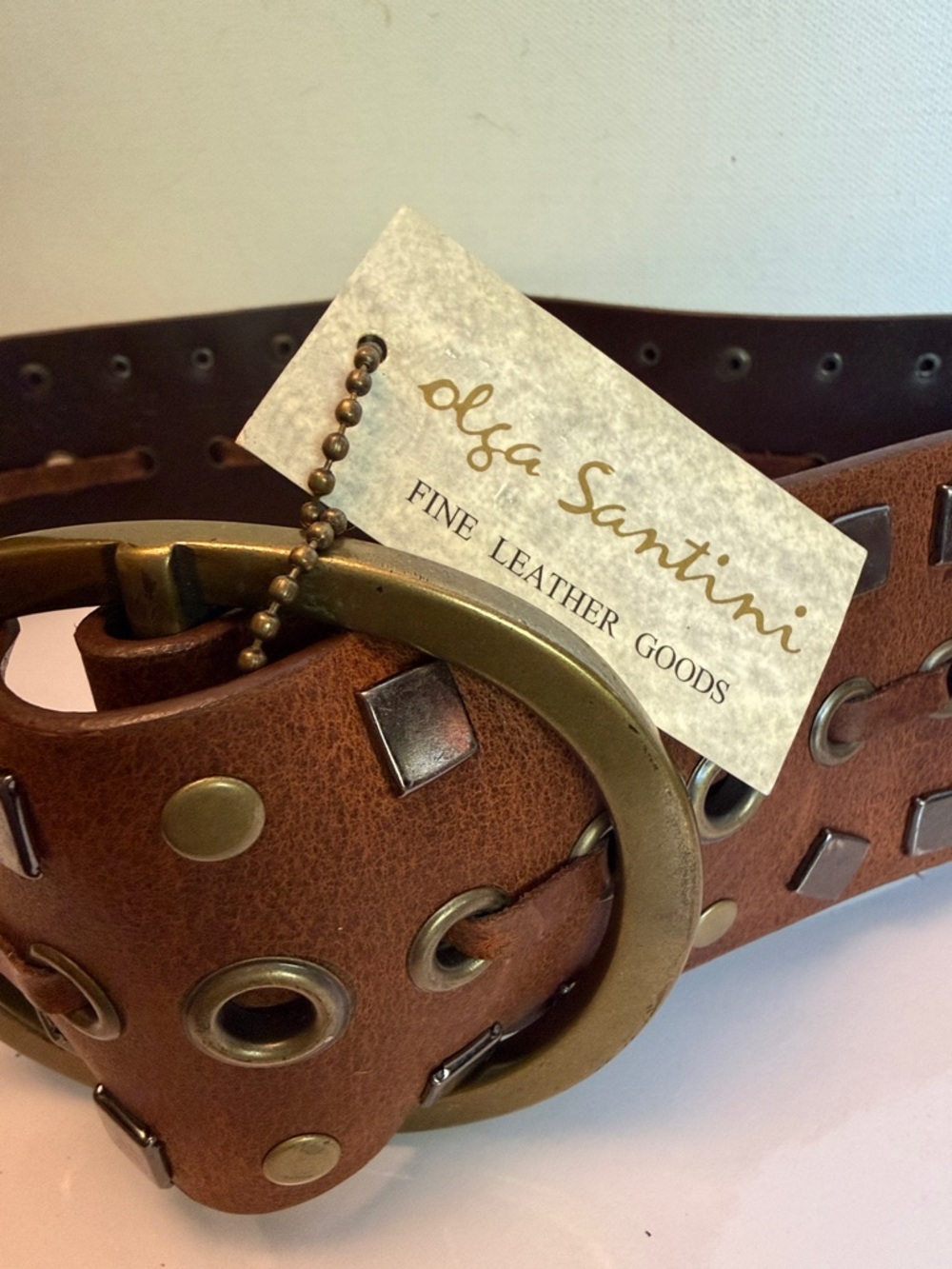 Olga Santini Brown Leather Studded Belt with Brass Ring Buckle - Picture 2 of 9